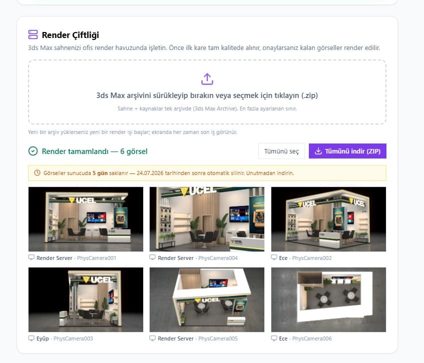 Render Çiftliği ekranı: bir standın kameraları birden çok makinede aynı anda render ediliyor