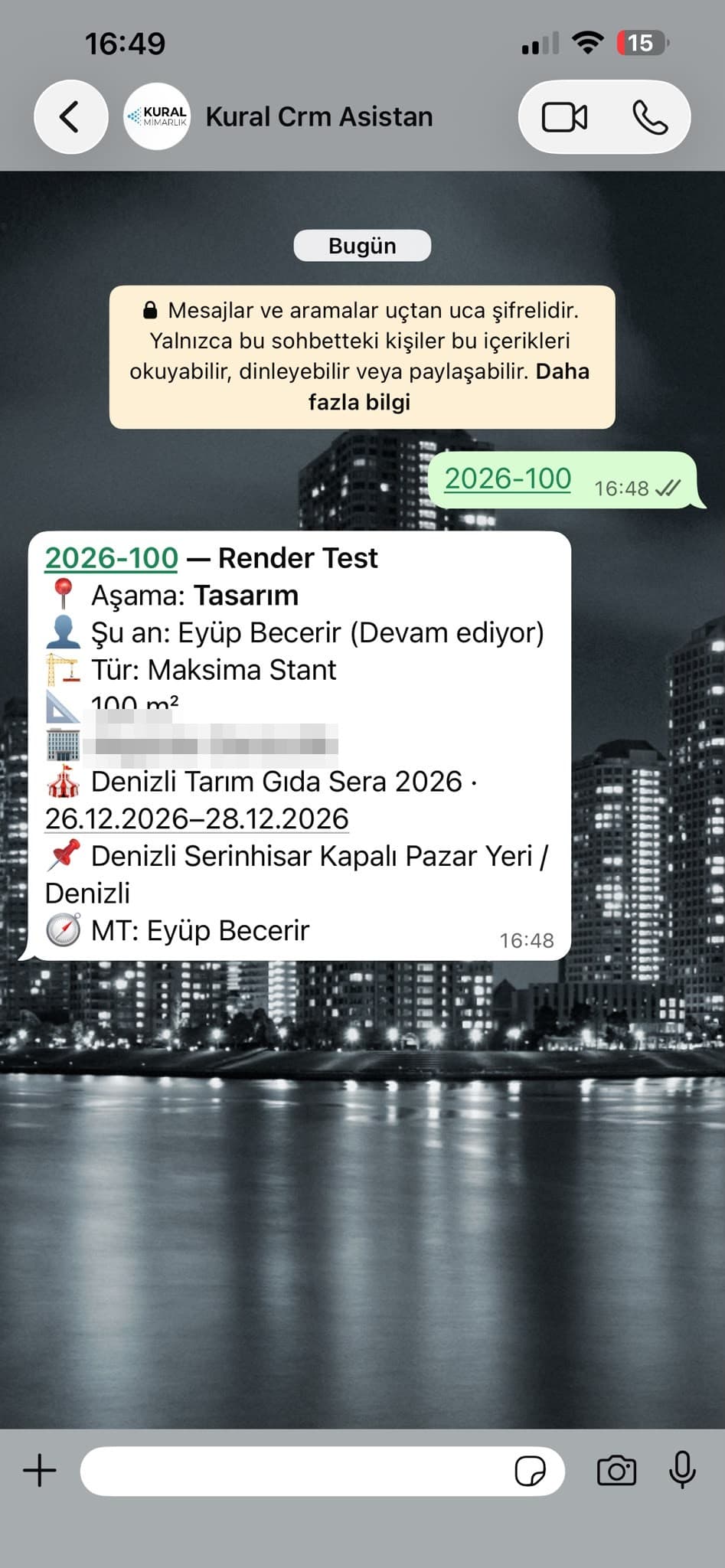 WhatsApp proje durum kartı